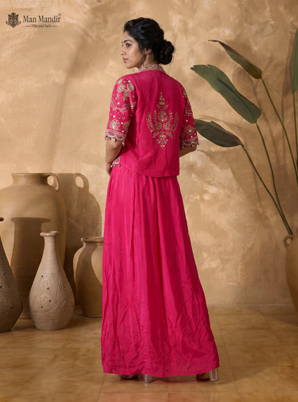 Rani Pink Crepe Embellished Blouse With Jacket And Draped Skirt