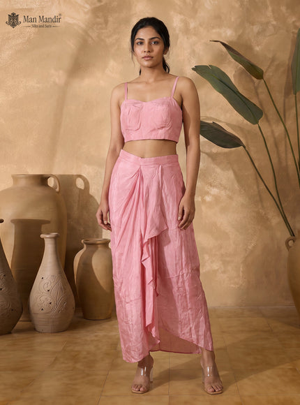 Peach Pink Crepe Indo Western Crop Top And Draped Skirt Set With Cape