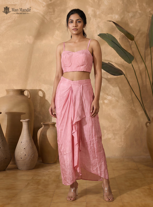 Peach Pink Crepe Indo Western Crop Top And Draped Skirt Set With Cape