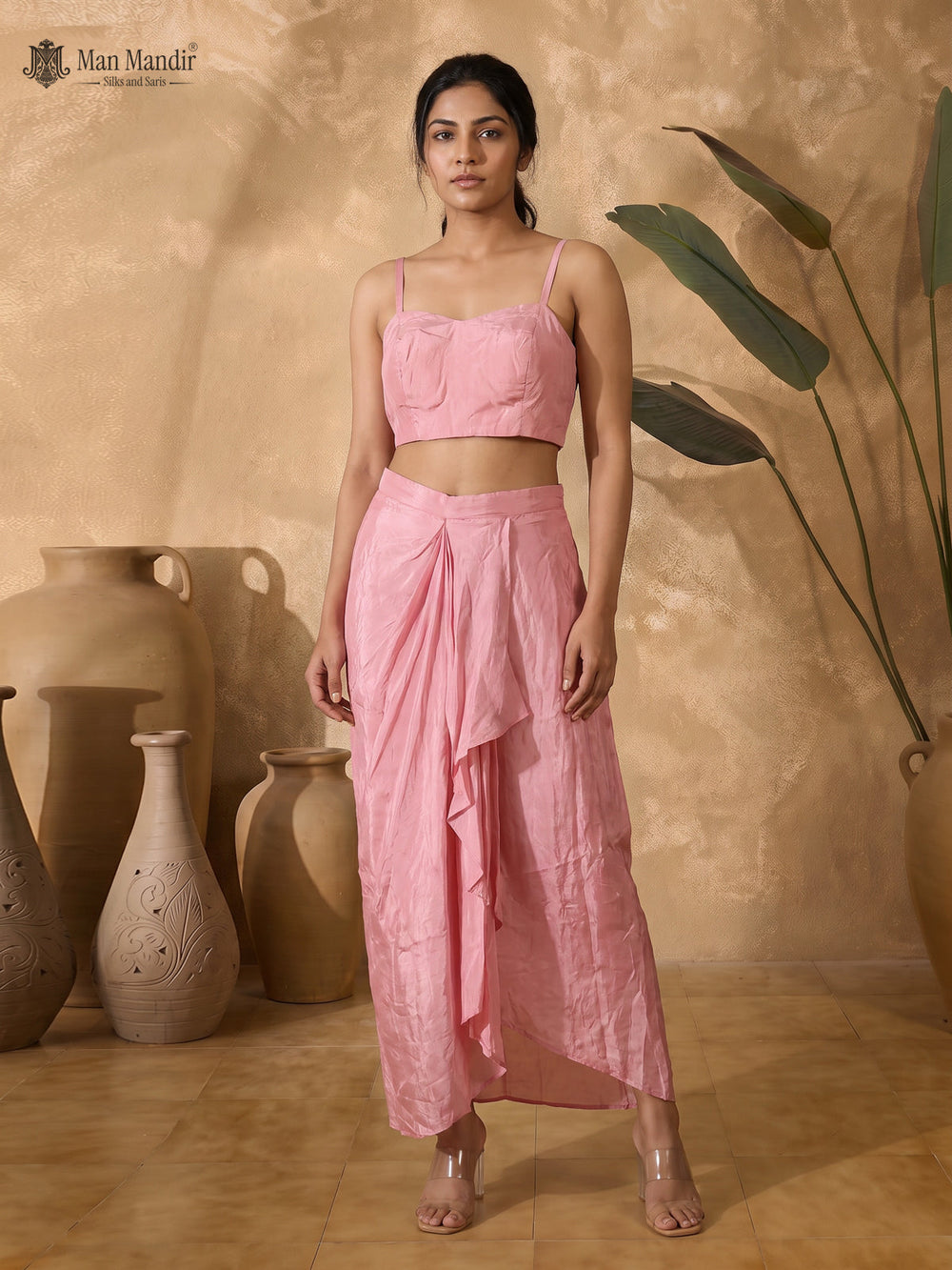 Peach Pink Crepe Indo Western Crop Top And Draped Skirt Set With Cape