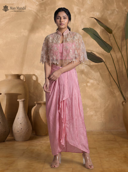 Peach Pink Crepe Indo Western Crop Top And Draped Skirt Set With Cape
