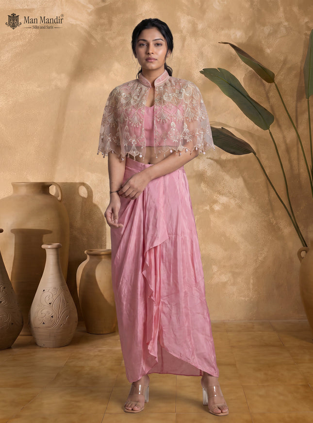 Peach Pink Crepe Indo Western Crop Top And Draped Skirt Set With Cape
