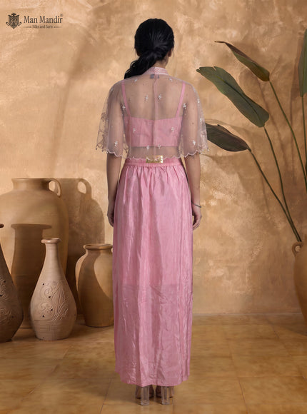 Peach Pink Crepe Indo Western Crop Top And Draped Skirt Set With Cape