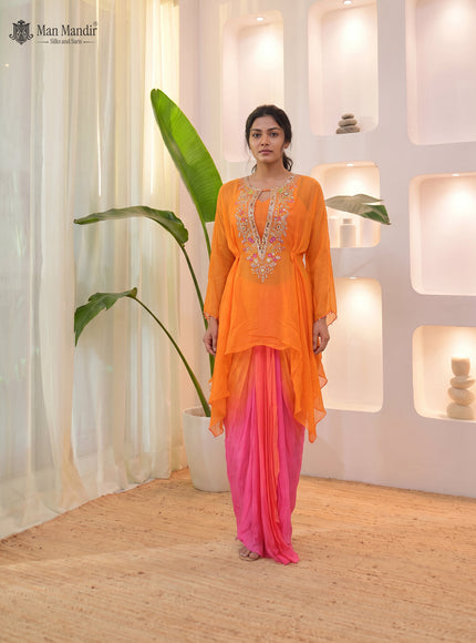 Orange Georgette Cape Top Embroided Set And Draped Skirt