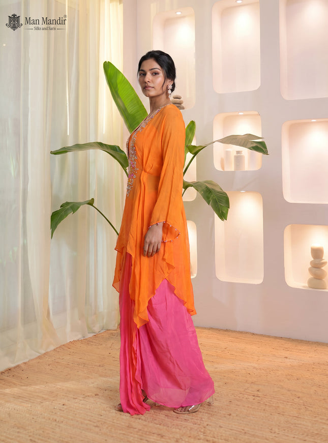 Orange Georgette Cape Top Embroided Set And Draped Skirt