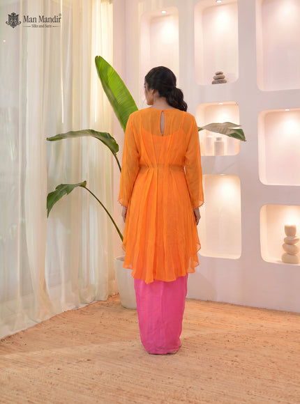 Orange Georgette Cape Top Embroided Set And Draped Skirt