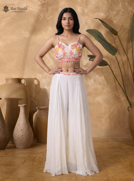 Off White Georgette Embellished Indo Western Crop Top And Palazzo Set With Choker Dupatta