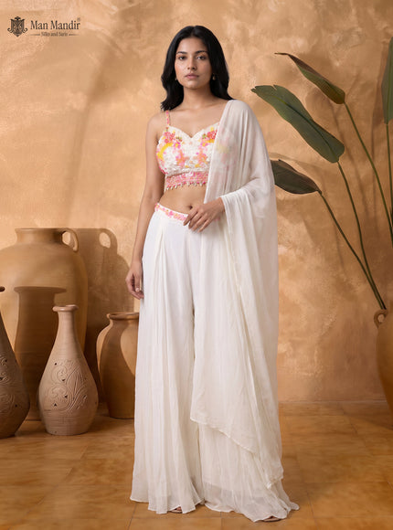 Off White Georgette Embellished Indo Western Crop Top And Palazzo Set With Choker Dupatta