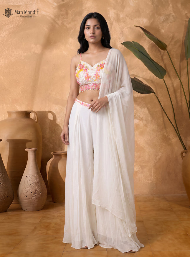 Off White Georgette Embellished Indo Western Crop Top And Palazzo Set With Choker Dupatta
