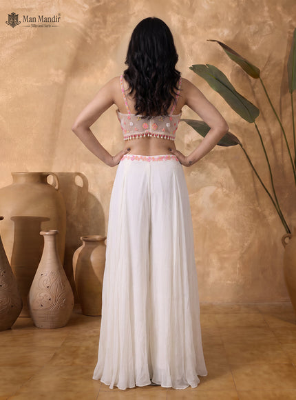 Off White Georgette Embellished Indo Western Crop Top And Palazzo Set With Choker Dupatta