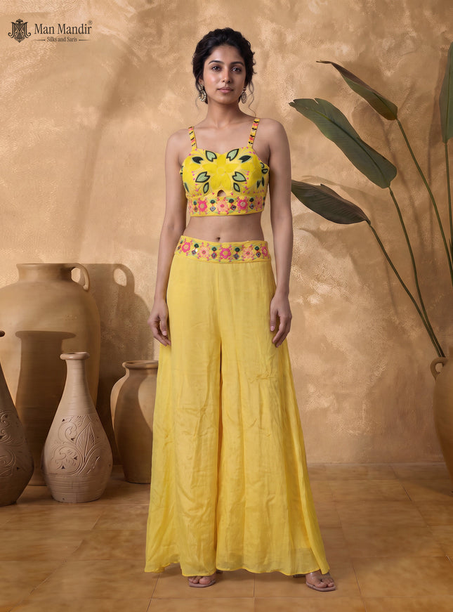 Yellow Georgette Cut Bead Embellished Crop Top Palazzo Set With Choker