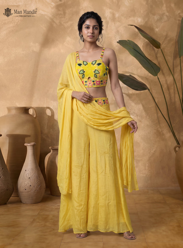 Yellow Georgette Cut Bead Embellished Crop Top Palazzo Set With Choker