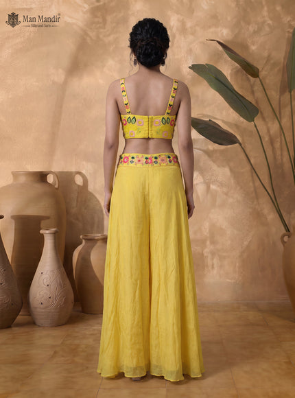 Yellow Georgette Cut Bead Embellished Crop Top Palazzo Set With Choker
