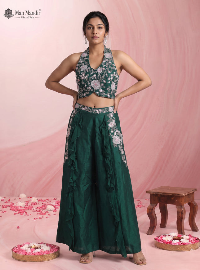 Bottle Green Raw Silk Palazzo Set With Cutdana Crop Top