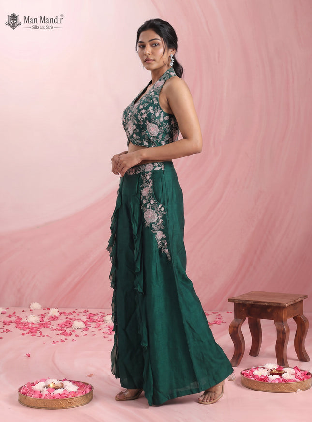 Bottle Green Raw Silk Palazzo Set With Cutdana Crop Top