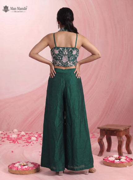Bottle Green Raw Silk Palazzo Set With Cutdana Crop Top