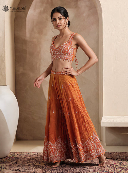 Orange Tissue Silk Heavy Embellished Indo Western Crop Top And Palazzo Set With Choker Dupatta