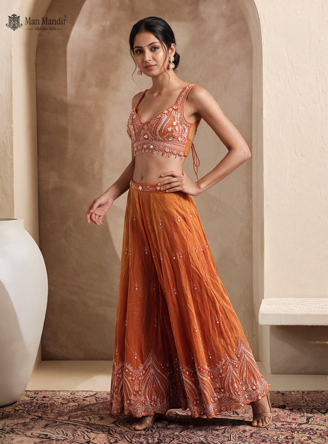 Orange Tissue Silk Heavy Embellished Indo Western Crop Top And Palazzo Set With Choker Dupatta