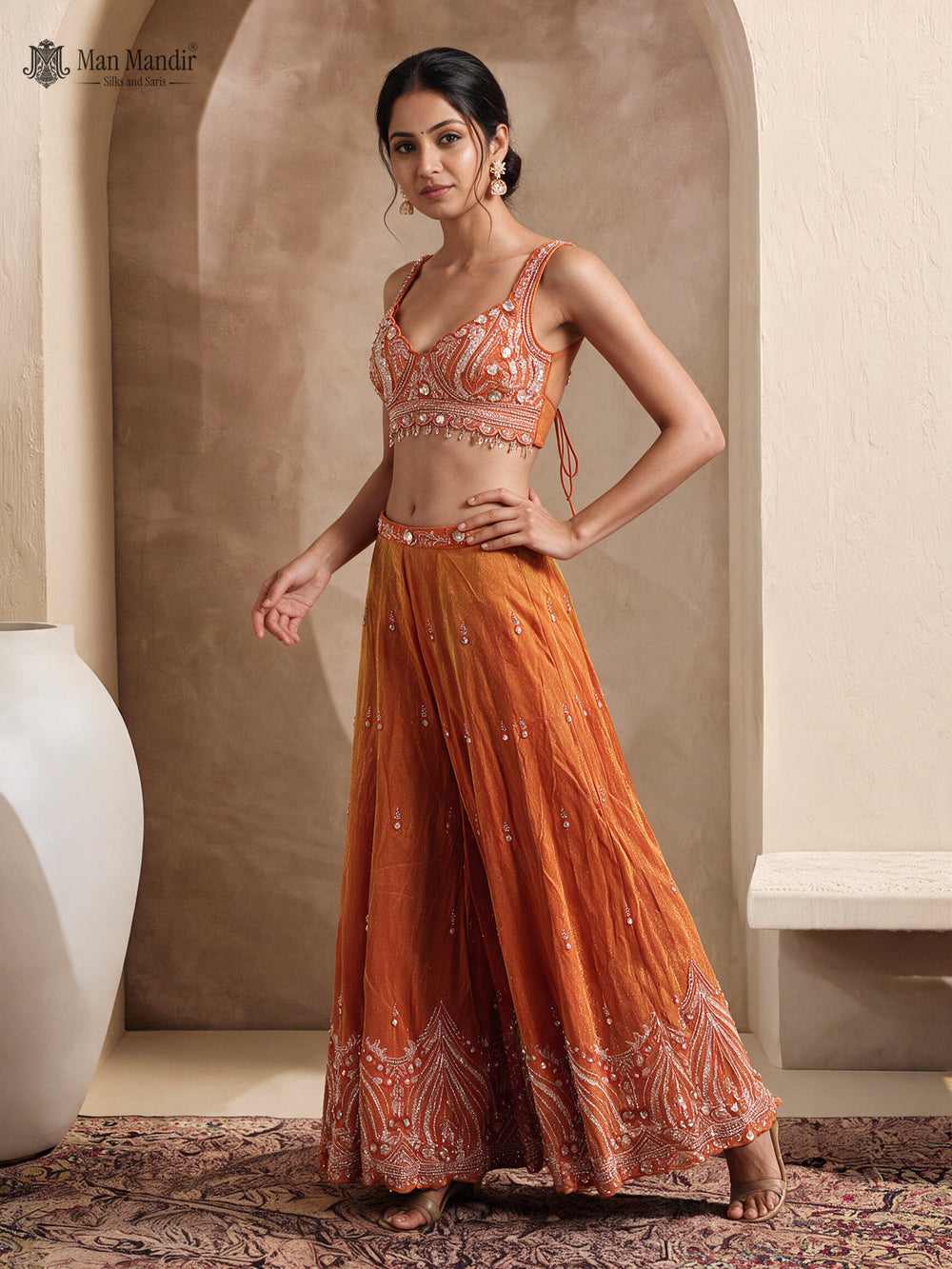 Orange Tissue Silk Heavy Embellished Indo Western Crop Top And Palazzo Set With Choker Dupatta