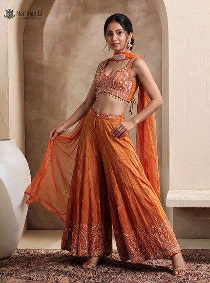 Orange Tissue Silk Heavy Embellished Indo Western Crop Top And Palazzo Set With Choker Dupatta