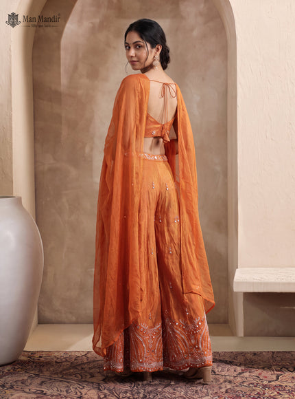 Orange Tissue Silk Heavy Embellished Indo Western Crop Top And Palazzo Set With Choker Dupatta