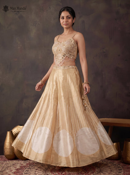 Beige Tissue Silk Cutdana Beaded Work CroptopWith Net Dupatta