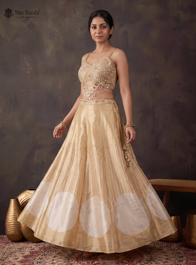 Beige Tissue Silk Cutdana Beaded Work CroptopWith Net Dupatta