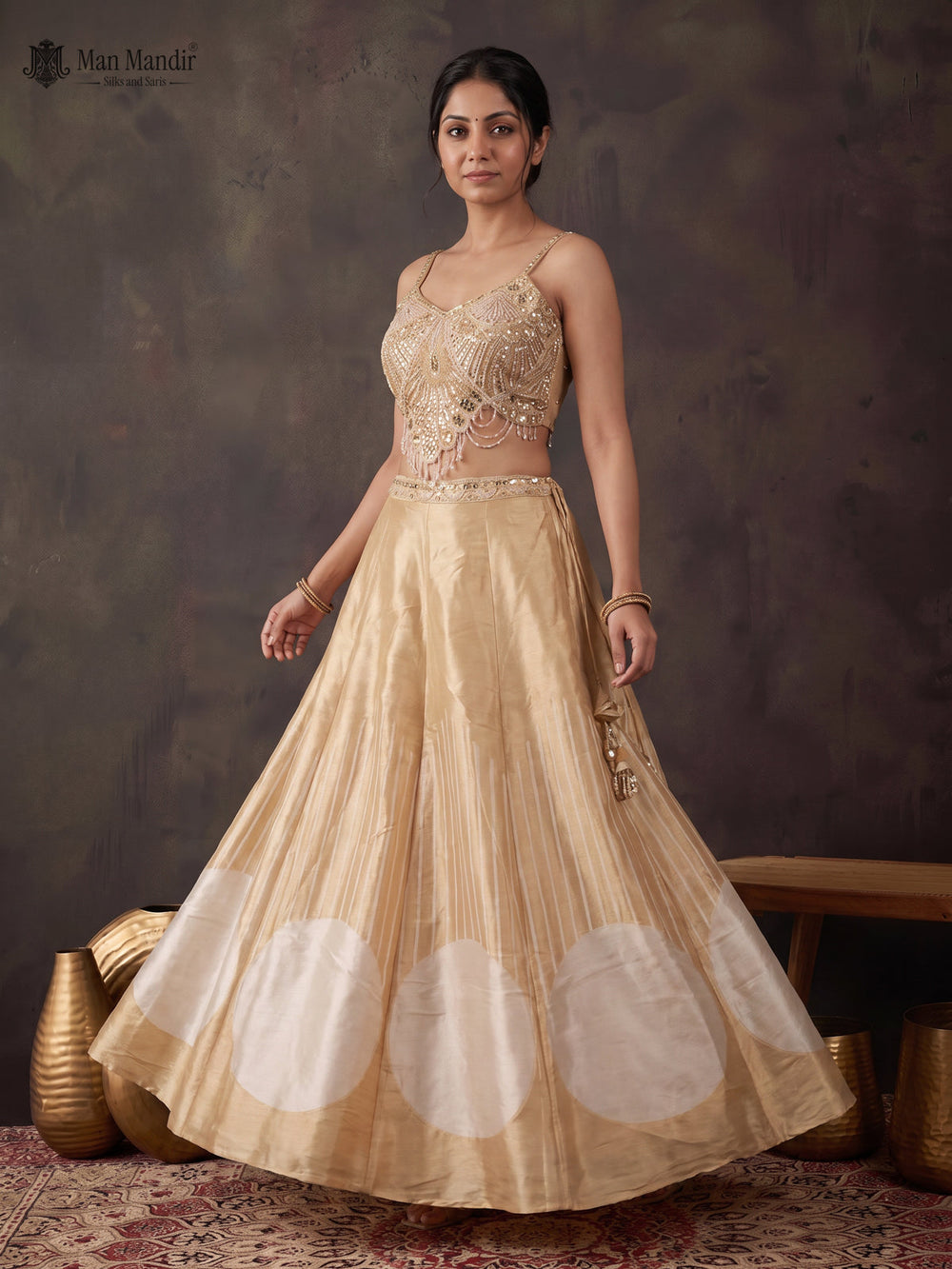 Beige Tissue Silk Cutdana Beaded Work CroptopWith Net Dupatta