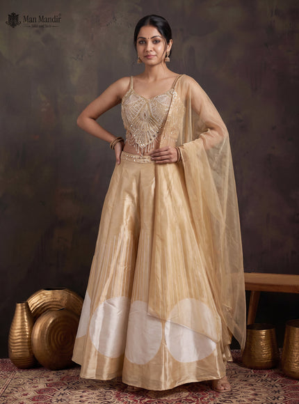 Beige Tissue Silk Cutdana Beaded Work CroptopWith Net Dupatta