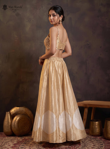 Beige Tissue Silk Cutdana Beaded Work CroptopWith Net Dupatta