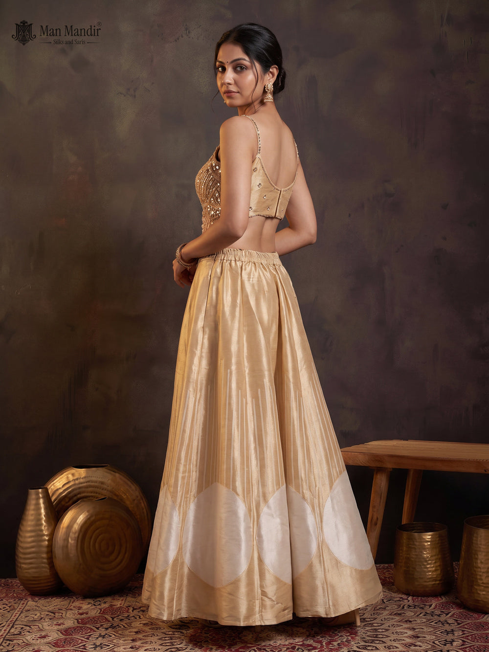 Beige Tissue Silk Cutdana Beaded Work CroptopWith Net Dupatta