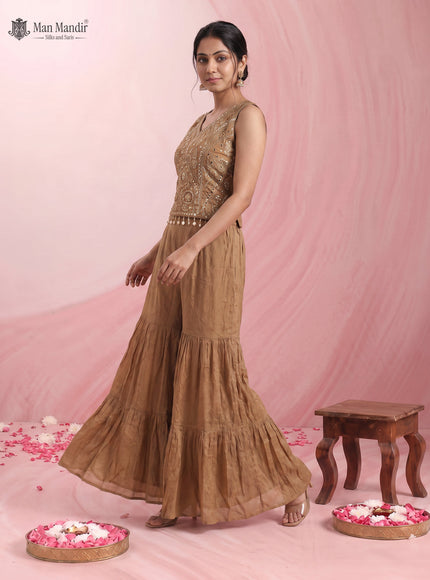 Dark Beige Tissue Silk Embellished Indo Western Crop Top And Palazzo Set With Dupatta