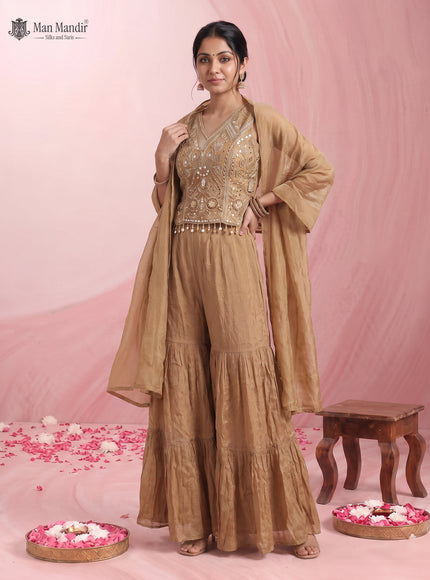 Dark Beige Tissue Silk Embellished Indo Western Crop Top And Palazzo Set With Dupatta