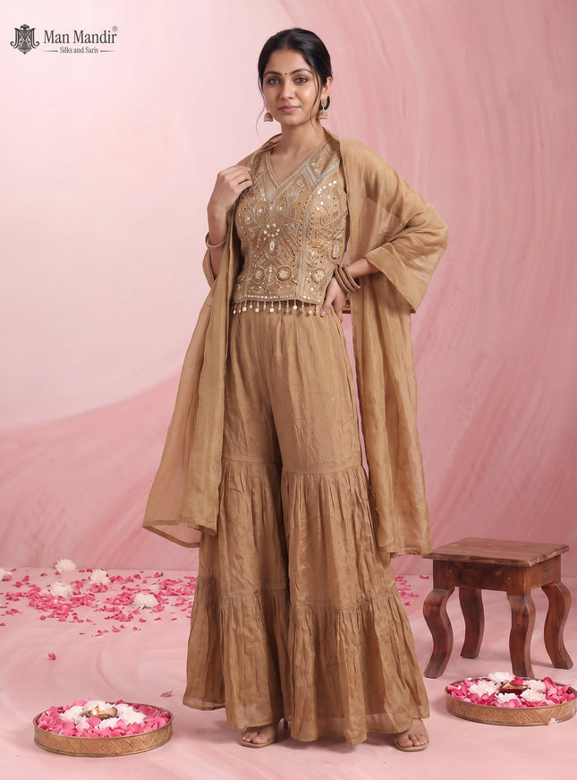 Dark Beige Tissue Silk Embellished Indo Western Crop Top And Palazzo Set With Dupatta