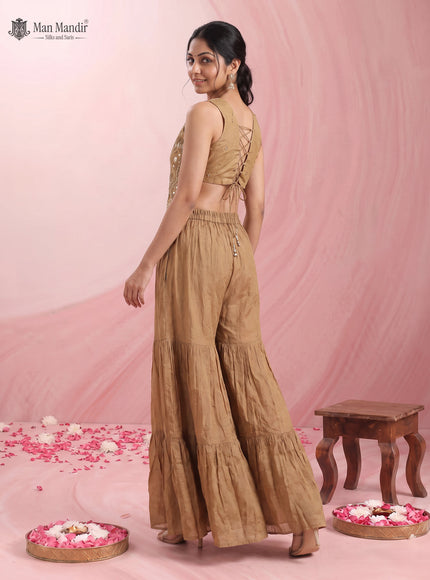 Dark Beige Tissue Silk Embellished Indo Western Crop Top And Palazzo Set With Dupatta