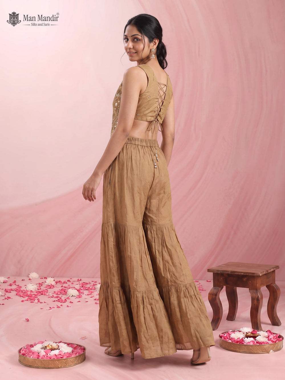 Dark Beige Tissue Silk Embellished Indo Western Crop Top And Palazzo Set With Dupatta