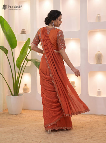 Rust Ready Draped Saree With With Mirror Work Blouse