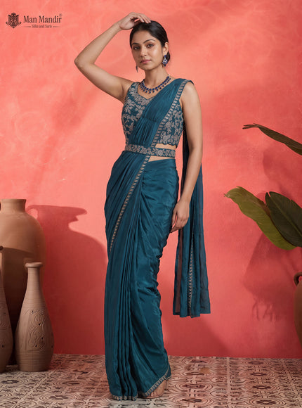 Teal Green Ready Draped Saree With Sequin Embroidery Blouse & Belt