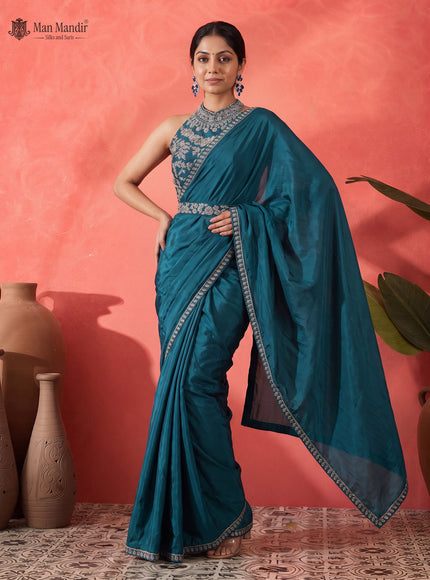 Teal Green Ready Draped Saree With Sequin Embroidery Blouse & Belt