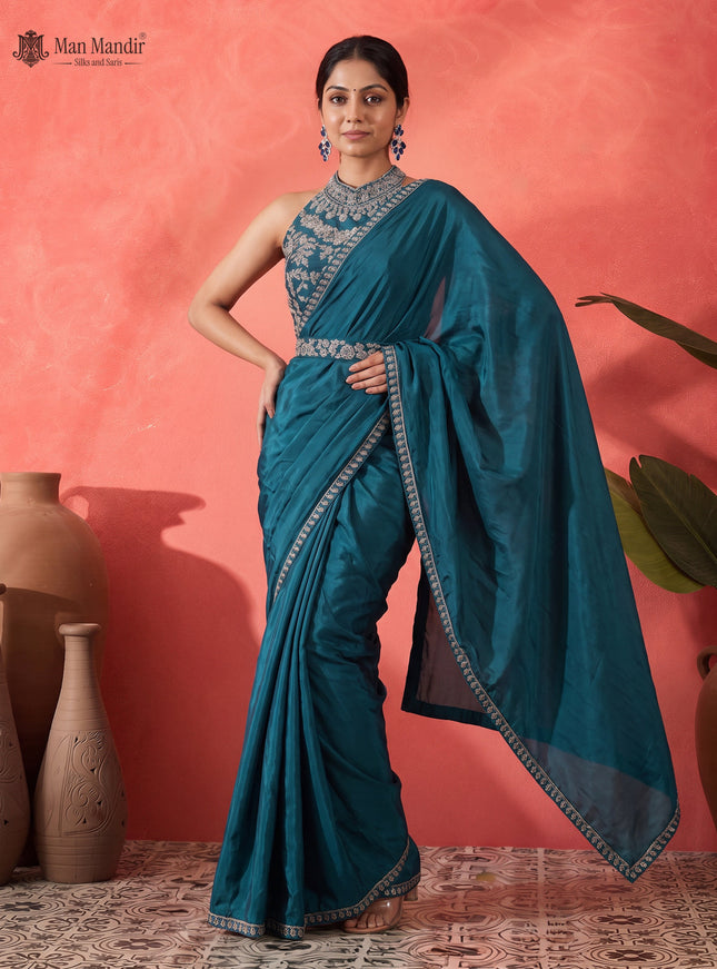Teal Green Ready Draped Saree With Sequin Embroidery Blouse & Belt