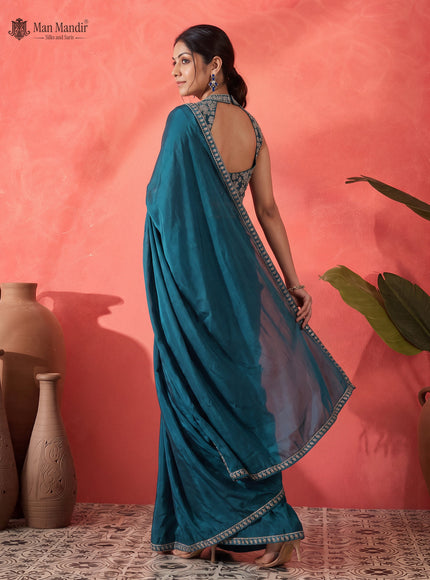 Teal Green Ready Draped Saree With Sequin Embroidery Blouse & Belt