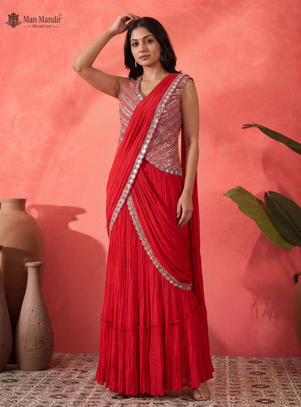 Red Ready Draped Saree With Sequin Embroidery Blouse