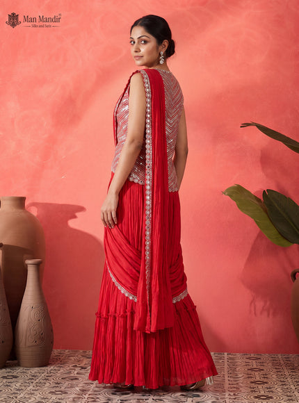 Red Ready Draped Saree With Sequin Embroidery Blouse