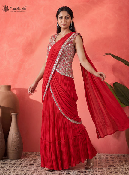 Red Ready Draped Saree With Sequin Embroidery Blouse