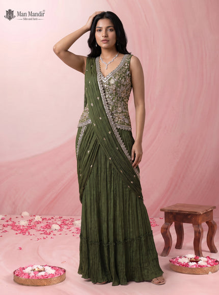 Mehendi Green Ready Draped Saree With Embroidery Blouse