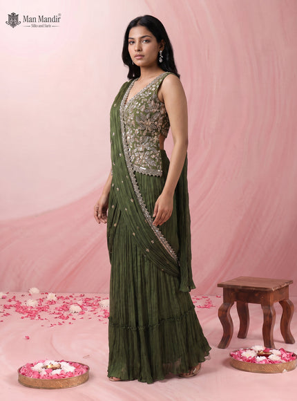 Mehendi Green Ready Draped Saree With Embroidery Blouse