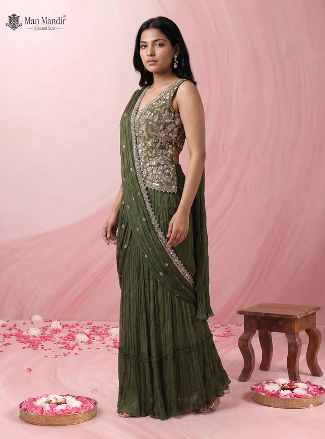 Mehendi Green Ready Draped Saree With Embroidery Blouse