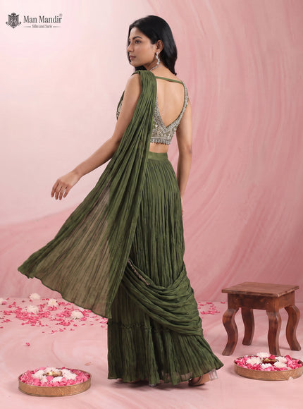 Mehendi Green Ready Draped Saree With Embroidery Blouse