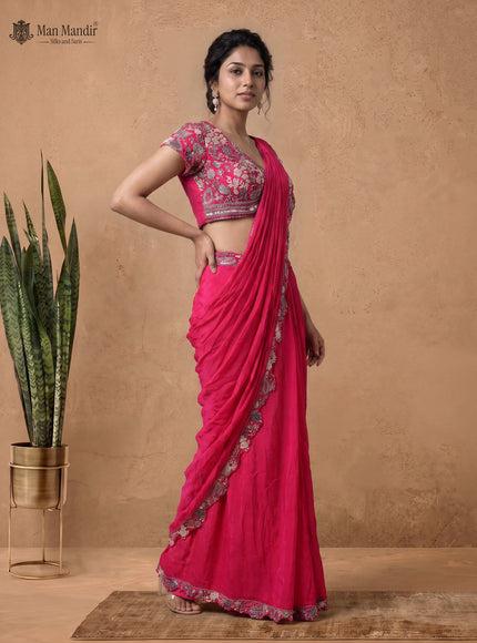 Pink Ready Draped Saree With Heavy Embroidery Blouse