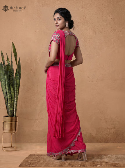 Pink Ready Draped Saree With Heavy Embroidery Blouse
